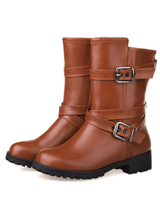 Bottes mi-mollet à bout rond en PU unicolore