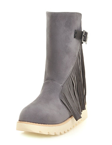 Bottes mi-mollet talons couverts et bout rond en cuir poncé unicolore