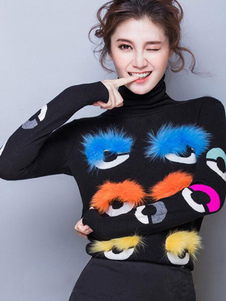 Doux pull pour femme mode noir impression en fausse fourrure vêtements journaliers manches longues