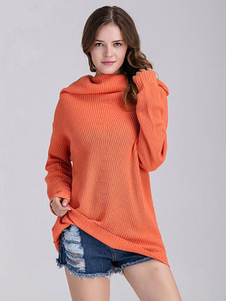 Doux pull pour femme mode orange unicolore avec tricot vêtements journaliers manches longues