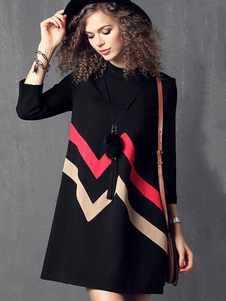 Magnifique robe droite mode en coton mélangé noir avec rayure col ras du cou