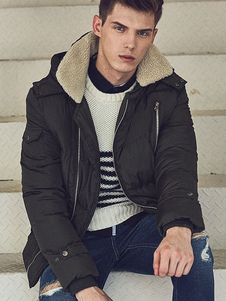 Manteau rembourré hommes Sweats zippé à capuche vert chasseur Parkas avec col fausse fourrure