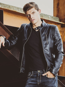 Veste homme en PU noir avec zip col montant