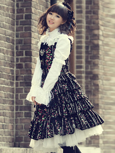 Belle robe à bretelles lolita en velours côtelé noire impression avec noeud à bretelles sans manches