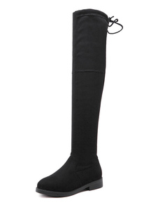 Cuissardes à talons chiots en micro daim noir unicolore en flanelle de coton