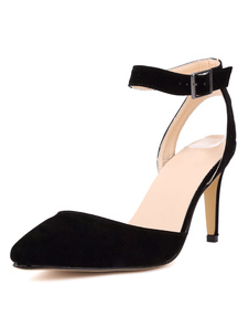 Talons hauts noir bout pointu Slingbacks cheville sangle talon aiguille pompes femmes