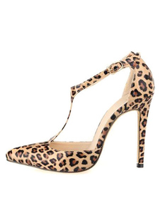 En cuir verni Sexy de haut talon chaussures T bracelet léopard impression Stiletto pompes chaussures