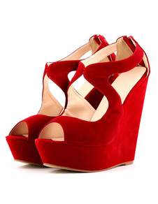 Peep Toe fermeture éclair du rouge Wedge sandales Wedges