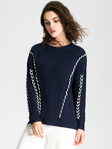Attrayant pull féminin mode bleu foncé à tricoter avec lacets élastique manches casaque manches long