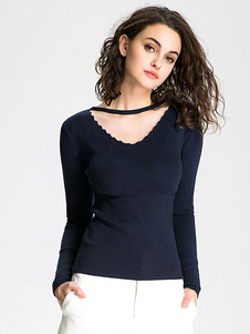 Charmant pull pour femme moderne bleu foncé tricoté creusé élastique manches longues