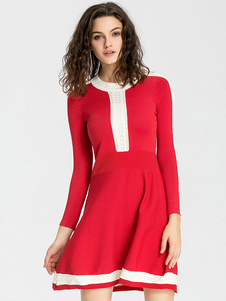 Populaire robe pull longueur genou style occidental bicolore creusé élastique col rond travail