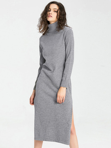 Robe pull charmante longue de vacances unicolore avec tricot vêtements journaliers col roulé boîte d