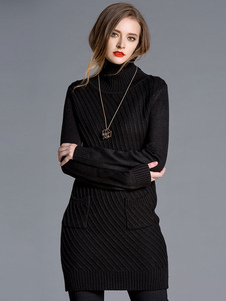 Robe pull charmante féminine unicolore avec tricot droit traditionnelle col roulé travail