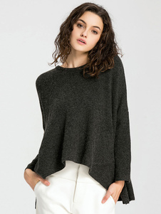 Charmant pull femme moderne vert foncé tricoté fendu vêtements journaliers manches longues