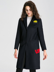 Adorable manteau femme bleu marine foncé imprimé lettres avec bouton croisé avant thermique col à re