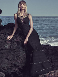 Maix robe de cocktail lacez noire sans manches féminines vers le haut de forme sirène longue robe