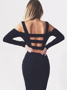 Épaule froide Backless Slip Bodycon Dress robe noire manches longues femme