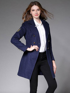 Magnétique manteau en polyester bleu marine foncé unicolore avec bouton plat avant col à revers manc