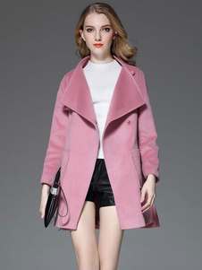 Chic manteau femme en laine mélangée rose unicolore avec bouton plat avant col à revers manche uniqu