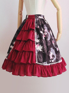 Jupe lolita séduisante rouge Style chinois en chiffon impression à volants