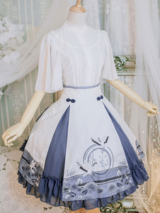 Jupe lolita excellente blanche Style chinois en chiffon impression avec bouton