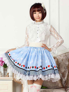 Jupe lolita excellente bleu claire douse en polyester impression avec dentelle