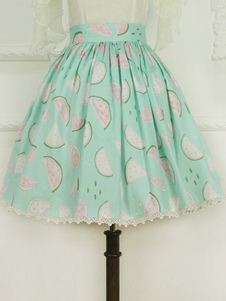 Jupe lolita excellente Cyan douse en 100% coton impression avec dentelle