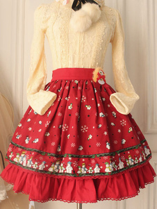 Jupe lolita séduisante rouge douse en 100% coton impression avec dentelle