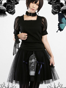Jupe lolita parfaite noire gothique en coton impression avec lacets