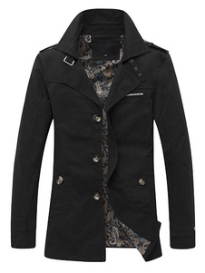 Trench-Coat noir hommes manches longues épaule & Cuff Bracelet boutons occasionnels manteau d’hiver