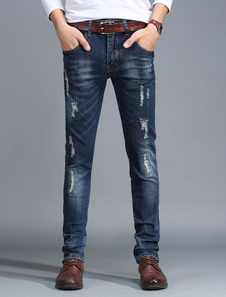 Jean coupe droite en denim bleu unicolore conception antique