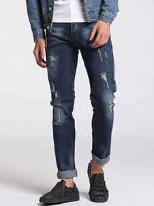 Jean coupe droite en denim bleu unicolore conception antique