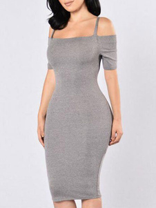 Robe bodycon en coton mélangé gris hors de l'épaule unicolore moulant