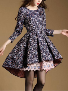 Attrayante robe skater mode en spandex bleu impression devant court et derrière long imprimé fleuri 