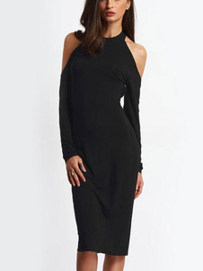 Robe bodycon en spandex noir à licou unicolore avec lacets à dos décolleté