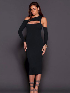 Attrayante robe bodycon en spandex noir à une épaule unicolore creusé coupe asymétrique