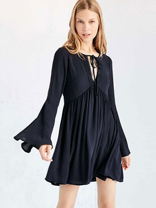 Fabuleuse robe droite mode en chiffon bleu foncé unicolore plissé creusé col rond