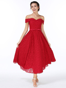 Robe en dentelle Vintage Style hors de l’épaule Bourgogne Sash Skater Dress