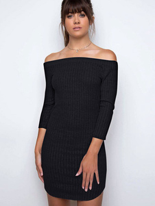 Belle robe bodycon en fibres coton noir hors de l'épaule unicolore moulant