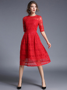 Dentelle rouge robe Vintage Style Half Sleeve Illusion A Line Skater robe pour femmes