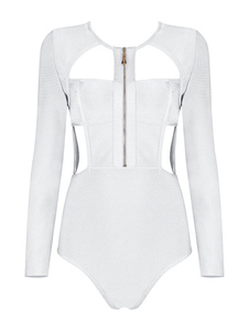 Découper blanc femmes Body manches longues à capuche Top Sexy