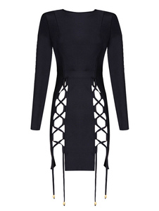 Robe noire tour de cou à manches longues Criss Cross découpe robe Bodycon Drawstring pour femmes