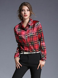 Blouse femme mode en acétate de cellulose rouge écossais avec bouton
