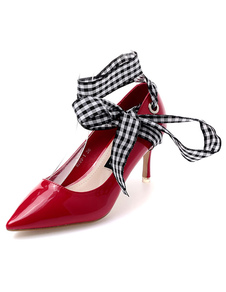 Fabuleuses chaussures à talons aigus en PU verni unicolore ruban aux chevilles avec lacet de polyuré