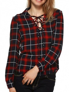 Blouse mode en coton rouge écossais croisé vêtements journaliers