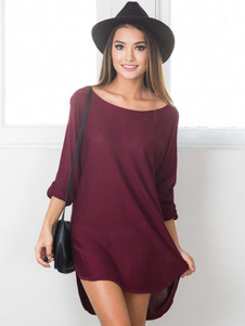 Élégente robe droite casual en coton unicolore devant court et derrière long col rond