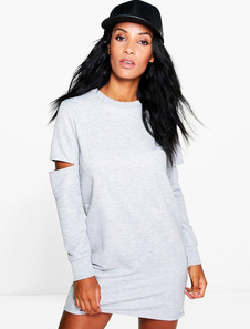 Magnifique robe droite casual en coton gris unicolore vêtements journaliers creusé col rond