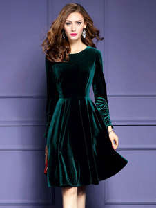 Velvet robe manches longues Crewneck des femmes évasée patineuse plissée robe pour l’hiver