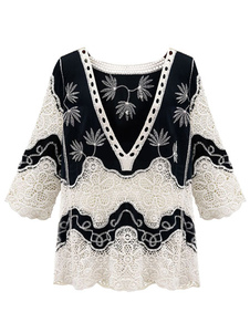 Blouse belle mode en coton noir bicolore creusé vêtements journaliers