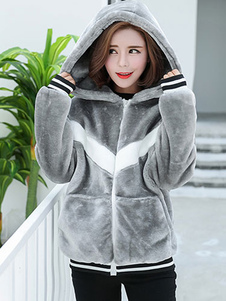 Bicolore Hooded Bomber Jacket Flanel féminin épaissir manteau d’hiver